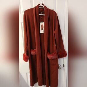 Max Sport Garnet Faux‑Fur Trim Long Duster Cardigan Style MX34742‑1 NWT Size Med